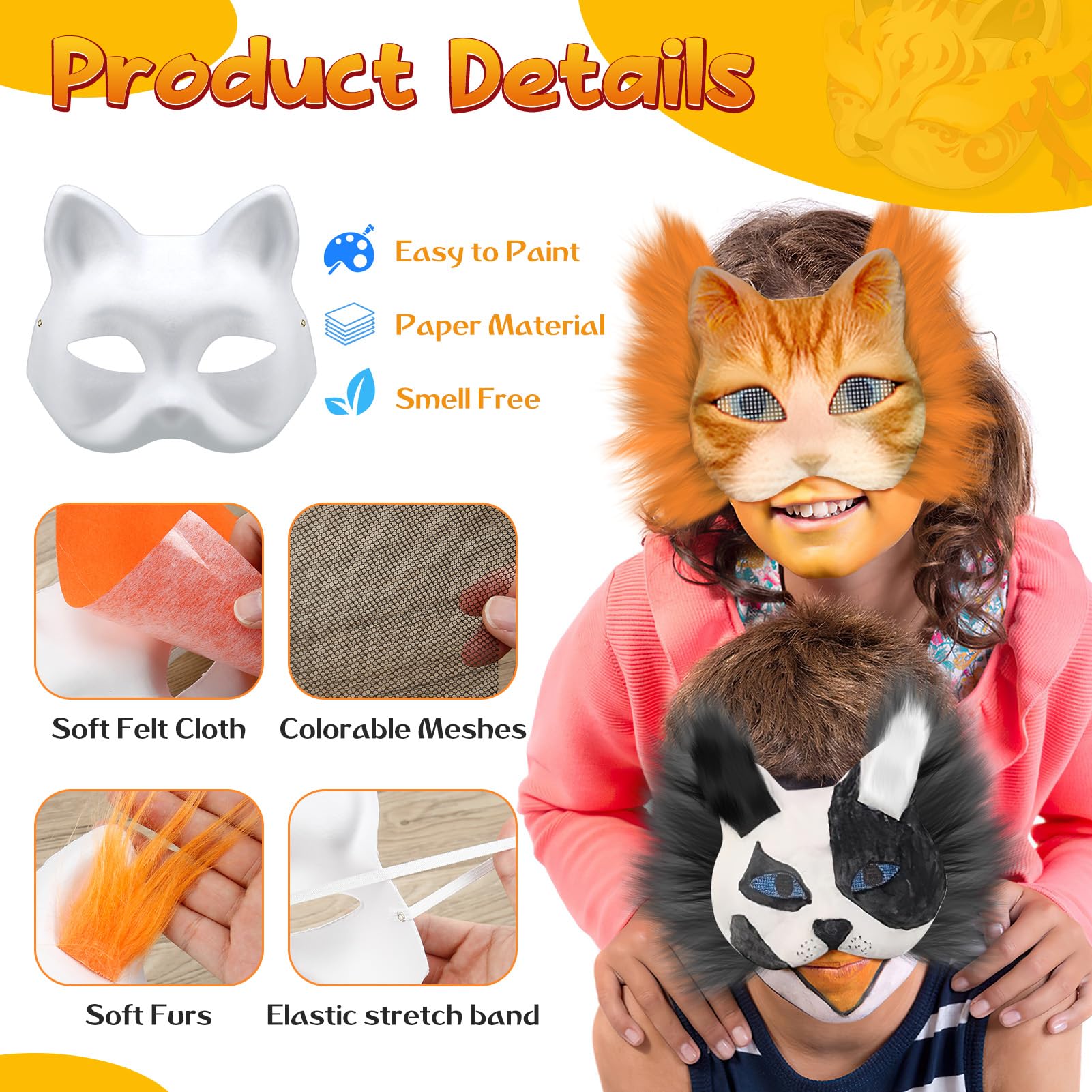 Maschera Therian, Kit Maschera Gatto Therian da 23 Pezzi, Maschera Pelosa, Maschera Gatto, Foglio di Tessuto in Feltro Autoadesivo 5 Colori con 4 Pezzi Retine per Occhi per Halloween Mascherata