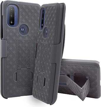 6goodeals Holster Case with Belt Clip for Motorola G Pure, Power 2022 Slim Heavy Duty Shell Combo - Rugged Phone Cover Kickstand Tempered Glass Screen Protector, Black, 6.5 inch