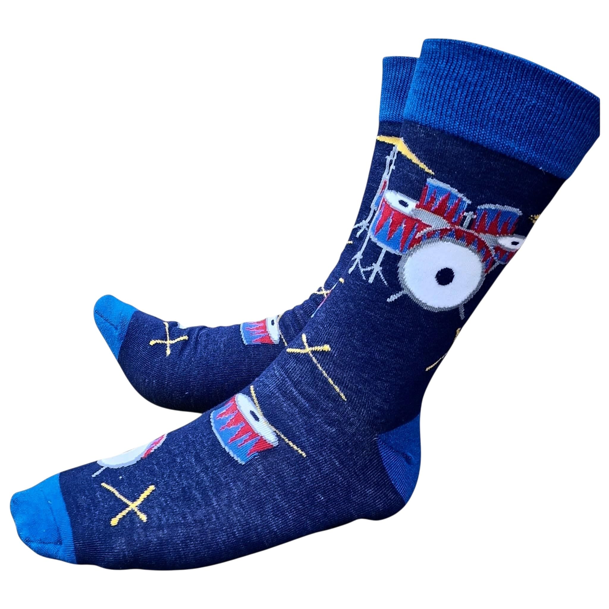 Sock Shack Men's Blue Indy Band Drummer Drum Kit & Cymbals Rock Stars Socks