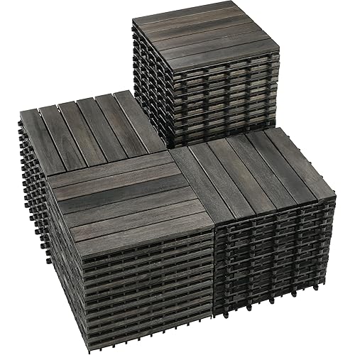 PrimeZone 54 PCS Solid Acacia Wood Interlocking Patio Deck Tiles - 12" x 12" Indoor Outdoor Waterproof Flooring Tiles for Balcony, Backyard, Porch & Poolside, All Weather Use, Black Espresso