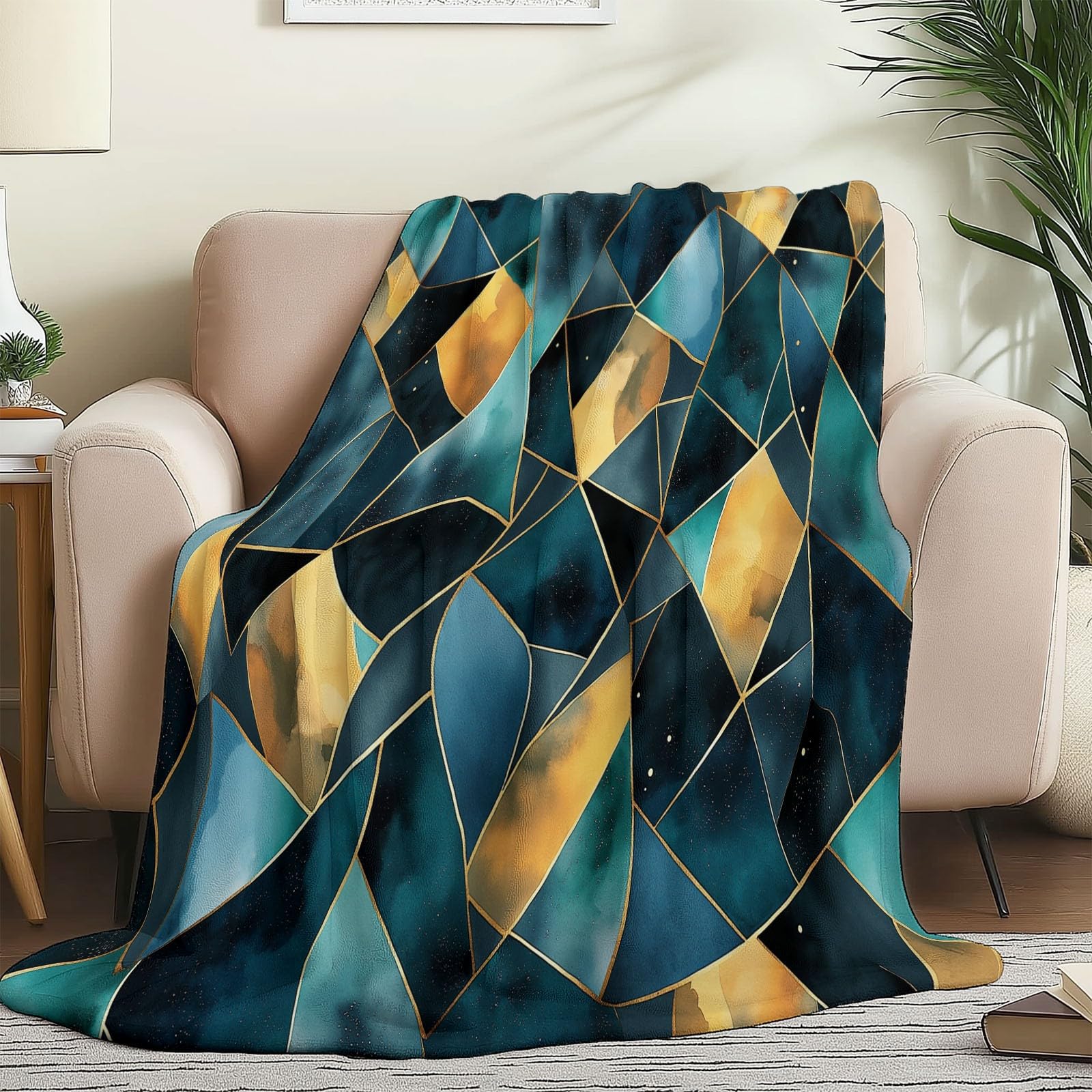 Manta con Geométrico Verde, 220x240 cm Manta Abstracto, Bonita Mantas acogedora versátil Suave cálida y Ligera para sofá Cama Camping Viajes
