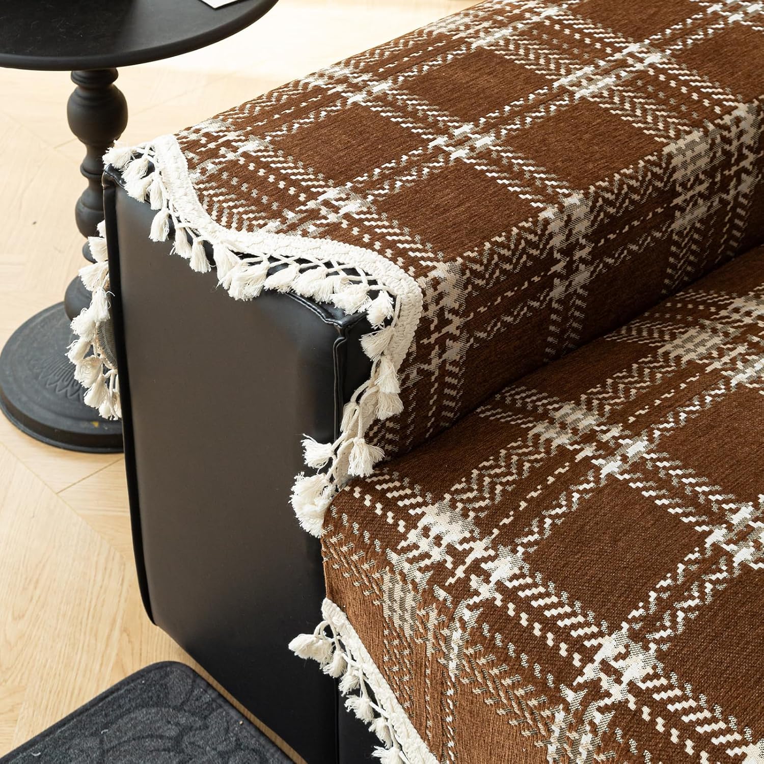 VOGOL Coffee Brown Plaid Couch Cover, Scalloped Edge Sofa Protector with Fringe Tassels, Non Slip Chenille Furniture Pad for Sectional Sofa, 27x70 Inches, 1 Piece