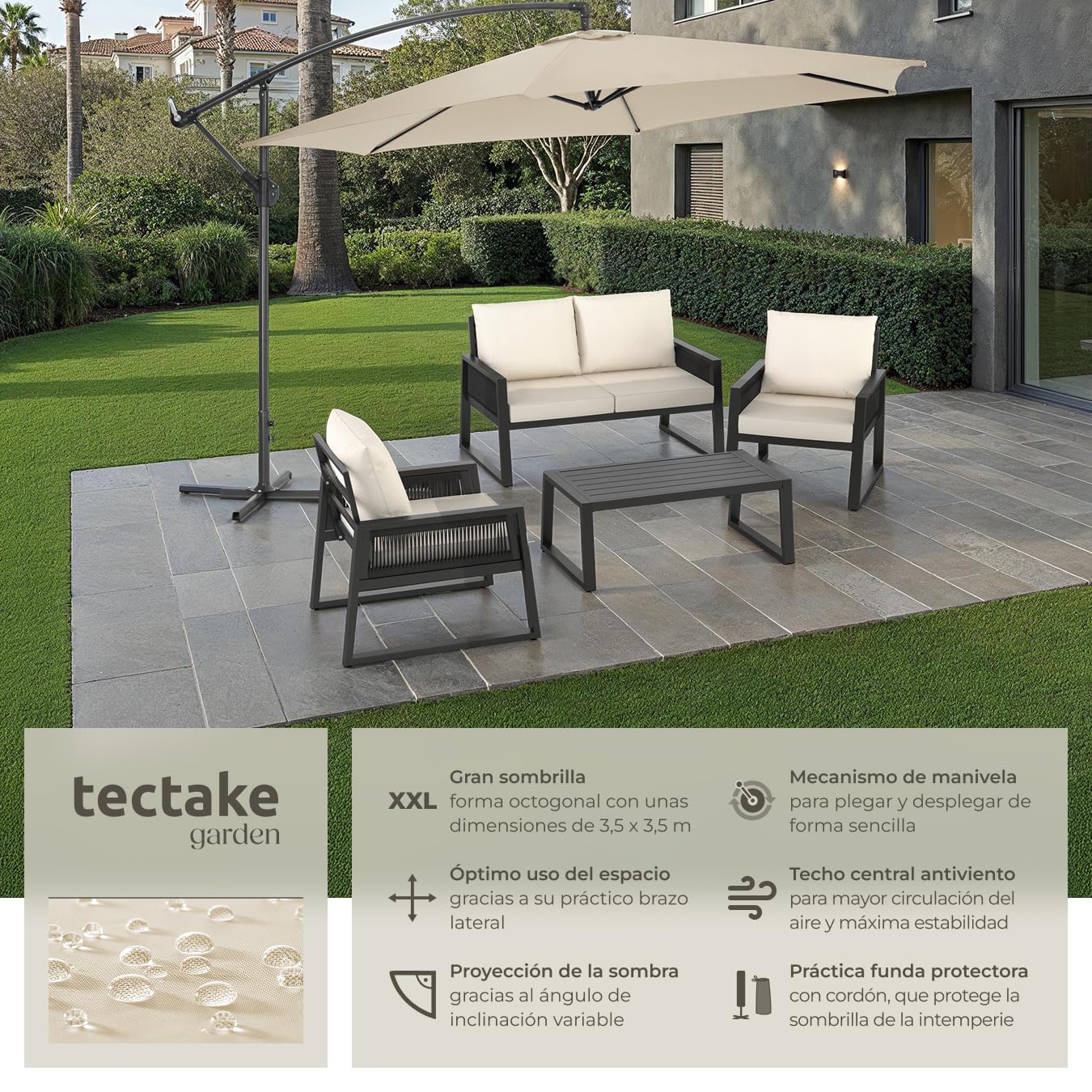 TecTake® Sombrilla, Protección UV, Inclinación Ajustable, Parasol Jardin, Sombrilla Terraza Exterior, Funda Protectora, Ventilación Superior - 3,5m