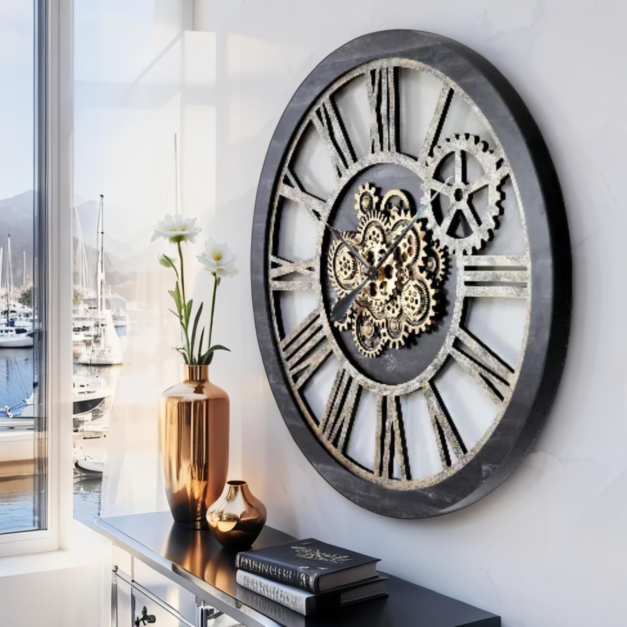 The Gears Clock - Orologio da parete con ingranaggi mobili, stile vintage, industriale, grande, rustico, stile vintage, in legno nero e bronzo