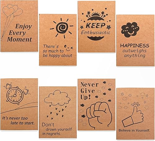 Paquete de 8 cuadernos de papel kraft lindos, 8 diseños de mini bolsillo A6, bloc de notas de diario de motivación pequeña forrada Feela a granel