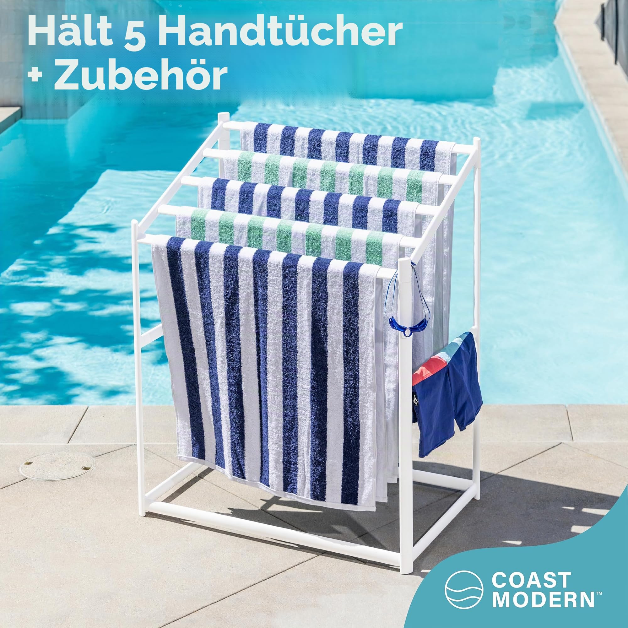 GoSports Coast Modern Pool Handtuchhalter - 5 Strandtuch PVC Trockenständer für Outdoor & Indoor