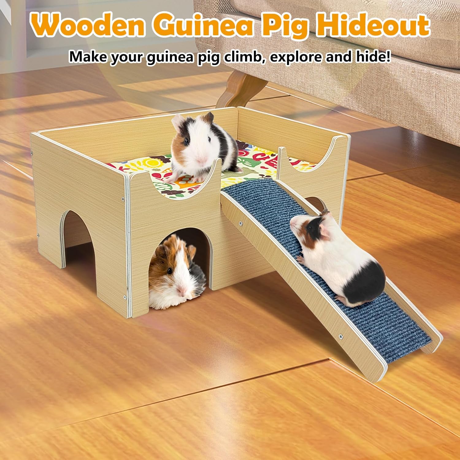Fhiny Guinea Pig Hideout, Wooden Guinea Pig Castle with Ramp Bridge and Soft Mat Large Small Animal House Piggies Hideaway Hamster Habitat Decor for Chinchilla Hedgehog Squirrel Hamster Gerbil Rat