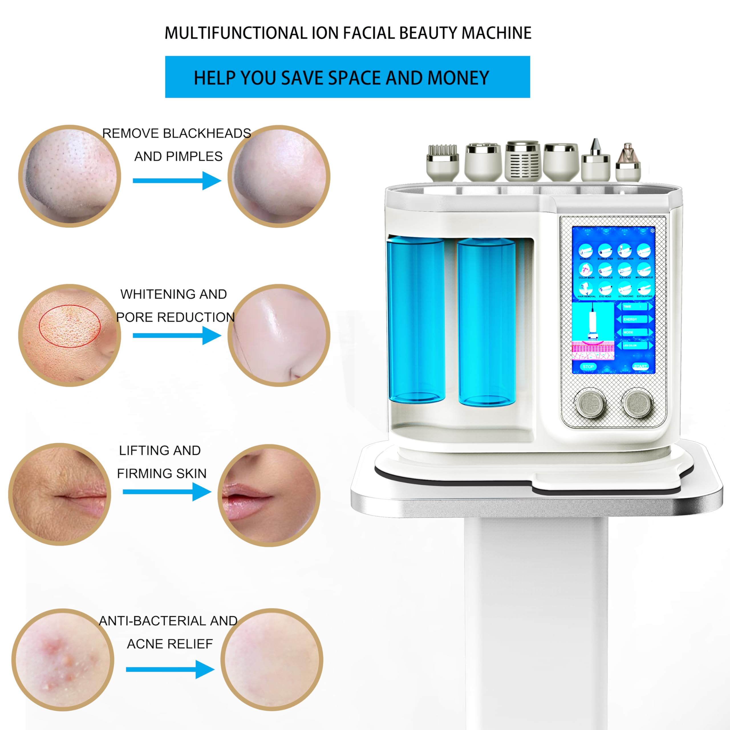 Elitzia Hydro Diamond ETQP701 Aqua Peel Appareil de soins de la peau pour le visage Hydrogène Oxygène RF EMS Électroporation Plasma Marteau à froid pour favoriser l'absorption Hydratation Salon de