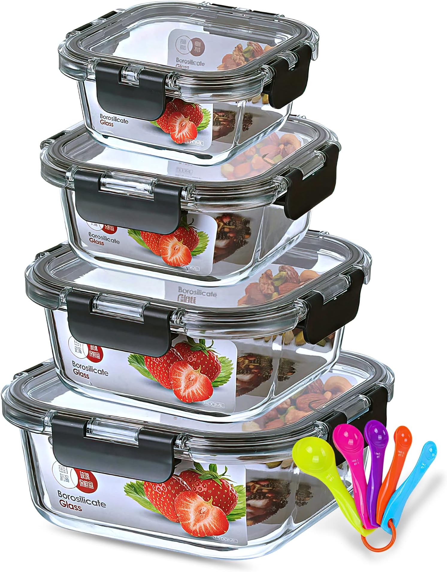 Kitchen Glass Containers Storage Set of 4, High Quality Heat Resistant Meal Prep Containers, Kitchen Containers with Lids Airtight, Healthy Meal Prep, Microwave & Dishwasher Safe, Square