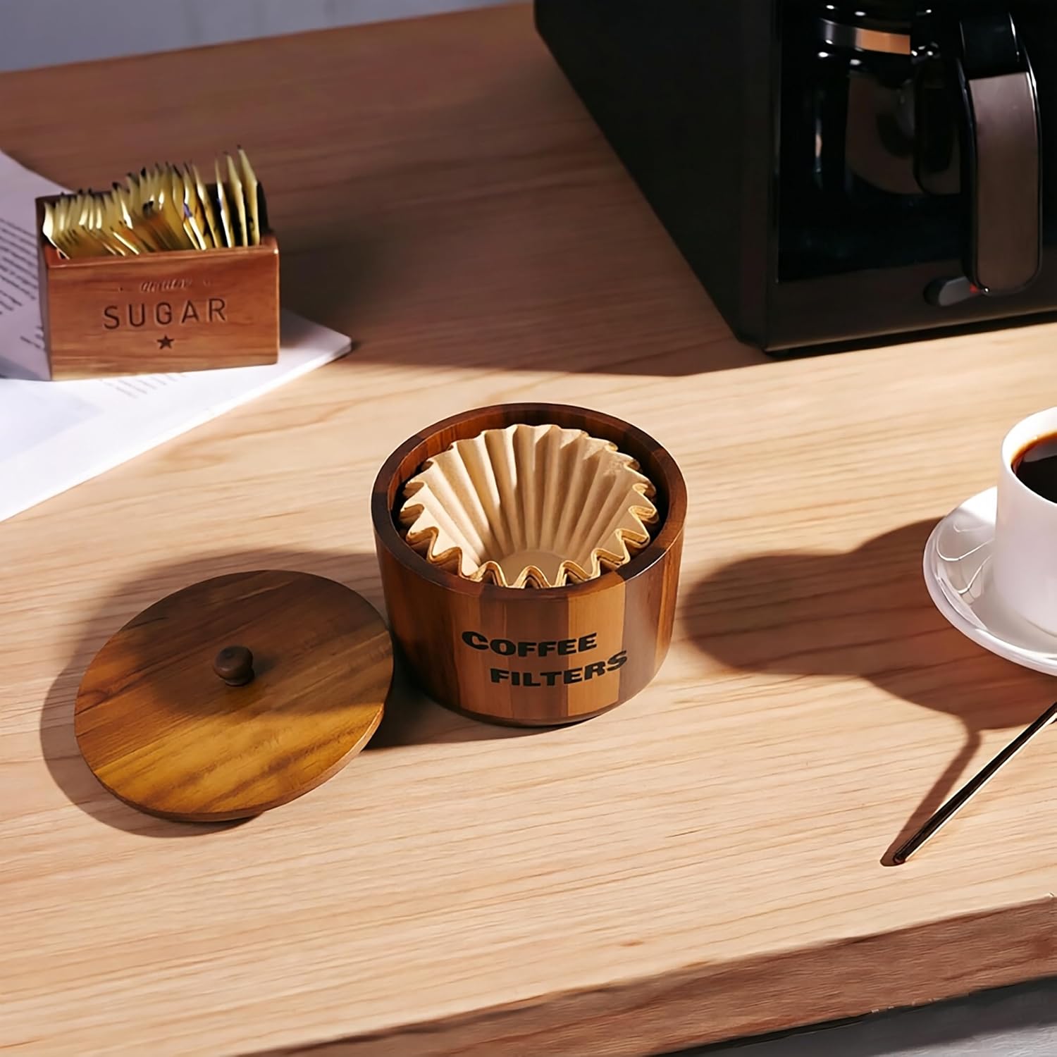 Coffee Filter Holder,Acacia Wood Coffee Filter Container for Counter,Coffee Storage with Lid,Coffee Bar Accessories (Acacia)