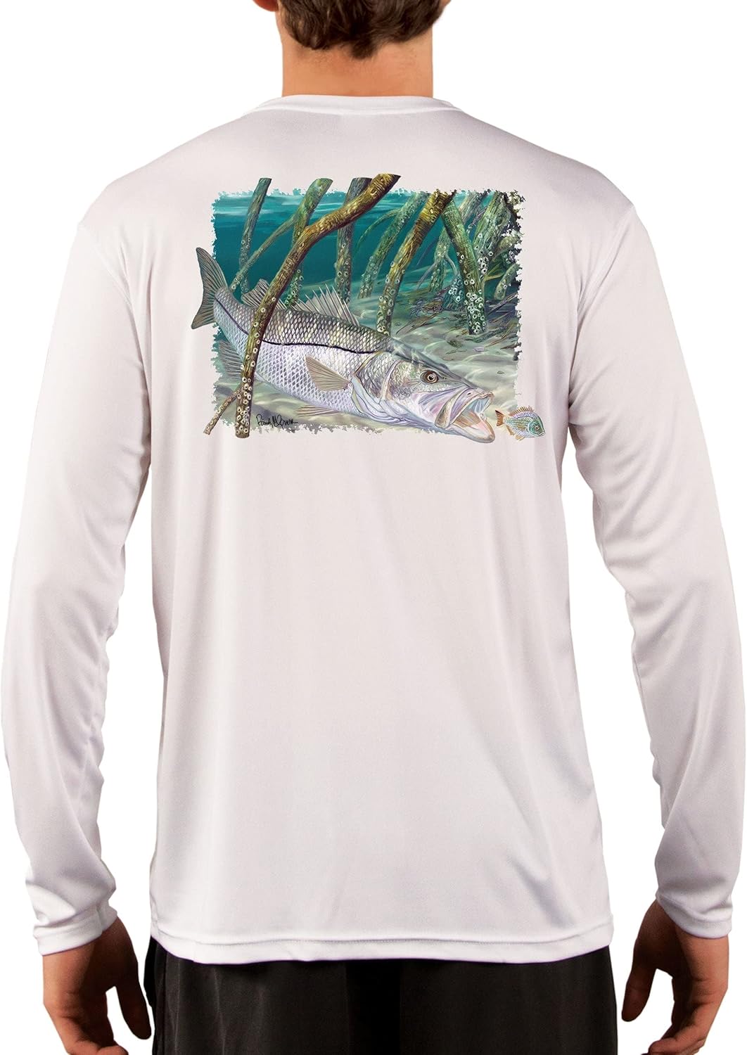 Skiff Life Snook Fishing Shirts for Men - Florida Snook Fish in Mangroves with Snook Scale Sleeve by Randy McGovern