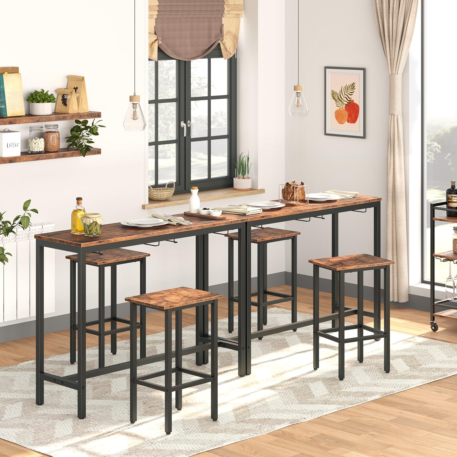 Juego de mesa de bar, mesas de bar con taburetes, juego de 2, sillas de bar debajo del mostrador, mesa de comedor industrial para cocina, sala de estar, fiestas BF54BT01 6