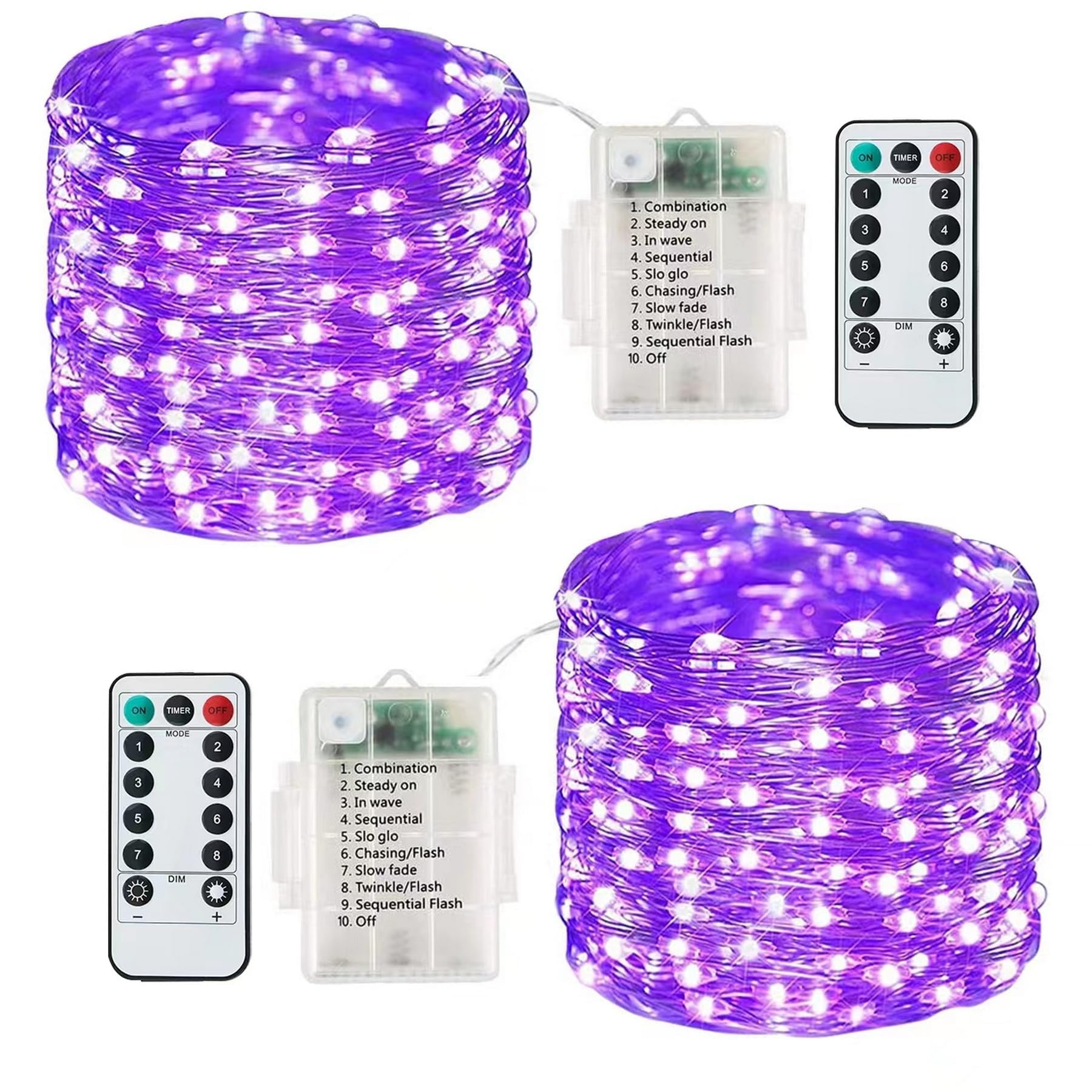 Lezonic 2 Pack Battery Fairy Lights,40Ft 12M 120LED Fairy Lights Battery Operated,8 Lighting Modes Waterproof Decorative String Lights for Indoor/Outdoor Bedroom Wedding Party Christmas Tree (Purple)