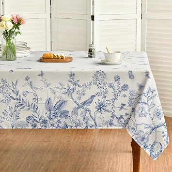 Horaldaily Spring Tablecloth 6084 Inch, Hand-Drawing Flowers and Birds Washable Table Cover for Party Picnic Dinner Decor
