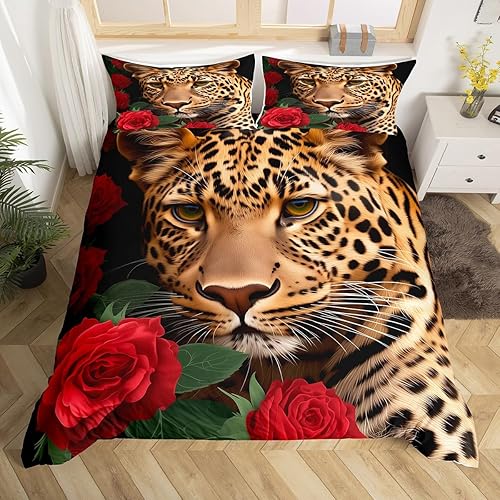 Juego de ropa de cama individual Erosebridal con funda de edredón de rosa roja, temática de animales salvajes, leopardo/chita, decoración de