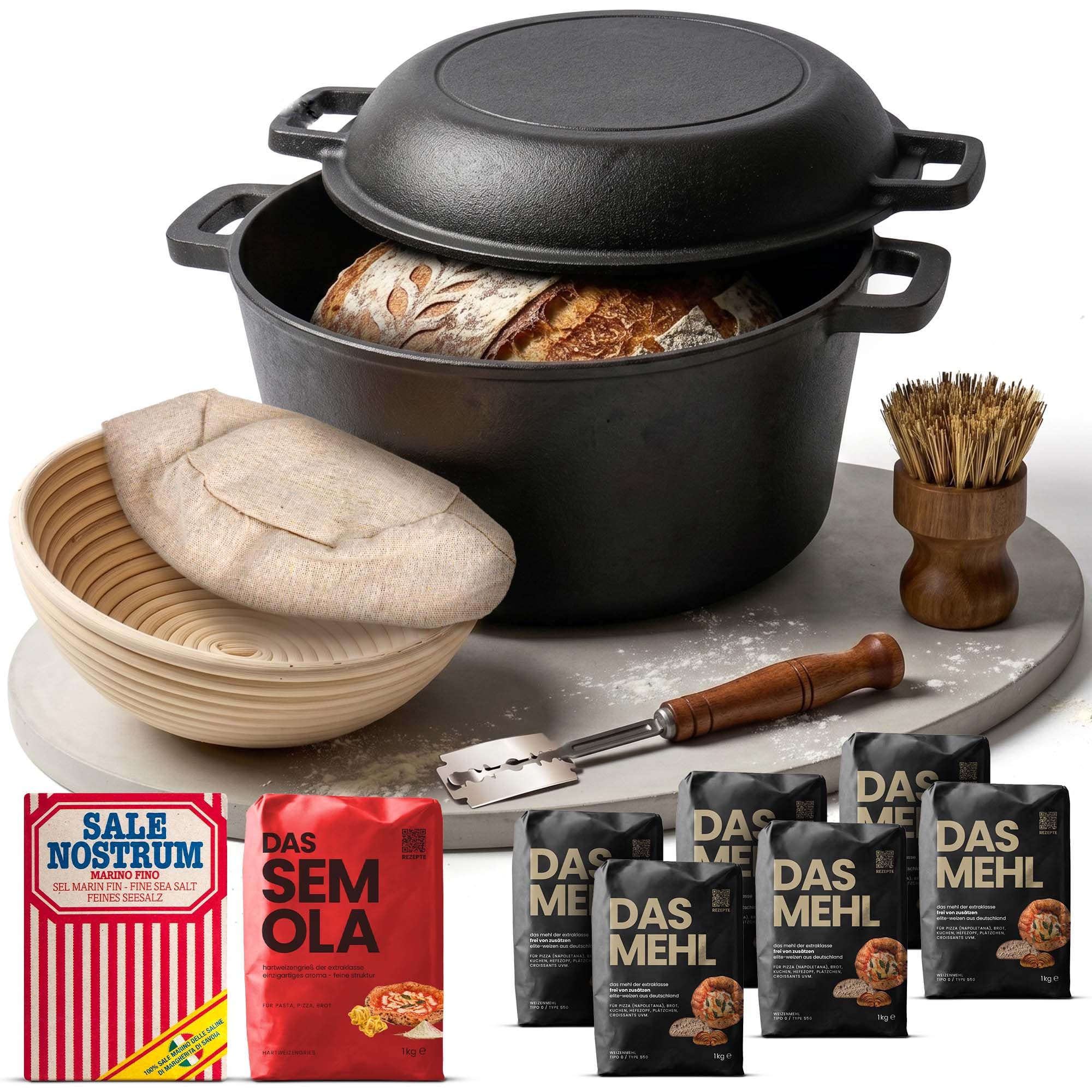 Delicret Premium Brotback Set für Weizenbrot mit Zutaten & Gusseisentopf