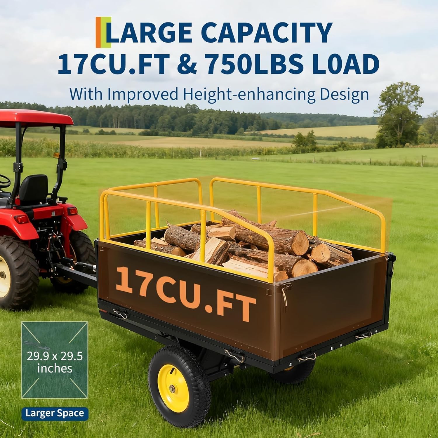 GarveeLife Lawn Mower Trailer ATV Dump Cart Tow Behind, 750 Lb Utility Garden Cart, 17 Cu.Ft, Heavy Duty Steel Garden Utility Trailer with Removable Sides for Atvs, Utvs Lawn Garden Tractors