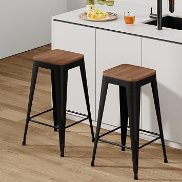 24" Metal Bar Stools Set of 2 Black Counter Height Stools with Wood Seat Stackable Backless Industrial Style Stools for Kitchen Island Dining Room Home Bar