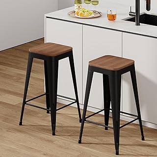 Barstools Set of 2 Black Metal Bar Stools Industrial Modern Bar Chairs with Wood Top for Kitchen Island Counter Height Cafe Resturant Stools (Set of 2 Black, 24 inch Standard Height)