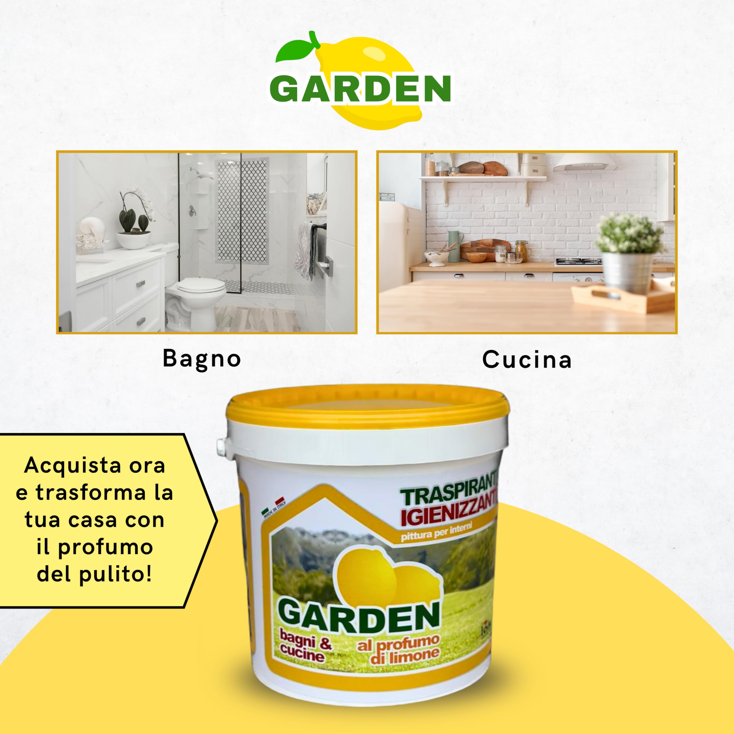 laiv Pittura Traspirante Igienizzante per Interni al Profumo di Limone – Ideale per Bagni e Cucine – 13 LT - Alta Copertura e Resa 12–14 m²/L – GARDEN