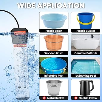 Immersion Water Heater, 2000W Portable Pool Heater | With Thermostat & Auto Shut-Off, Protective Cover, Ideal for Inflatable/Above-Ground Pools, Bathtubs, Camping Glossy Black