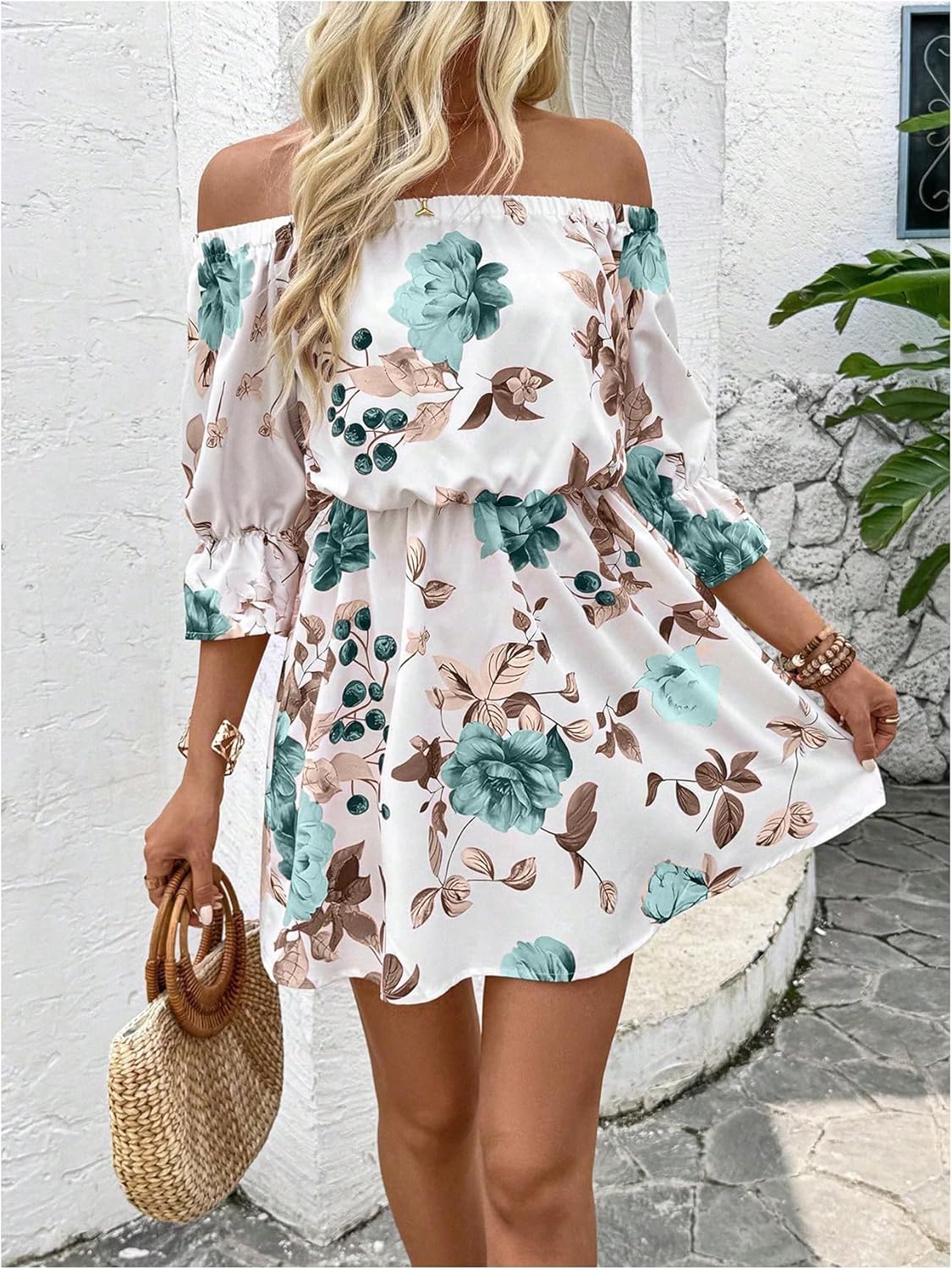 Floerns Women's Fall Floral Mini Dress Off Shoulder 3/4 Length Sleeve Beach A Line Dresses - Image 4