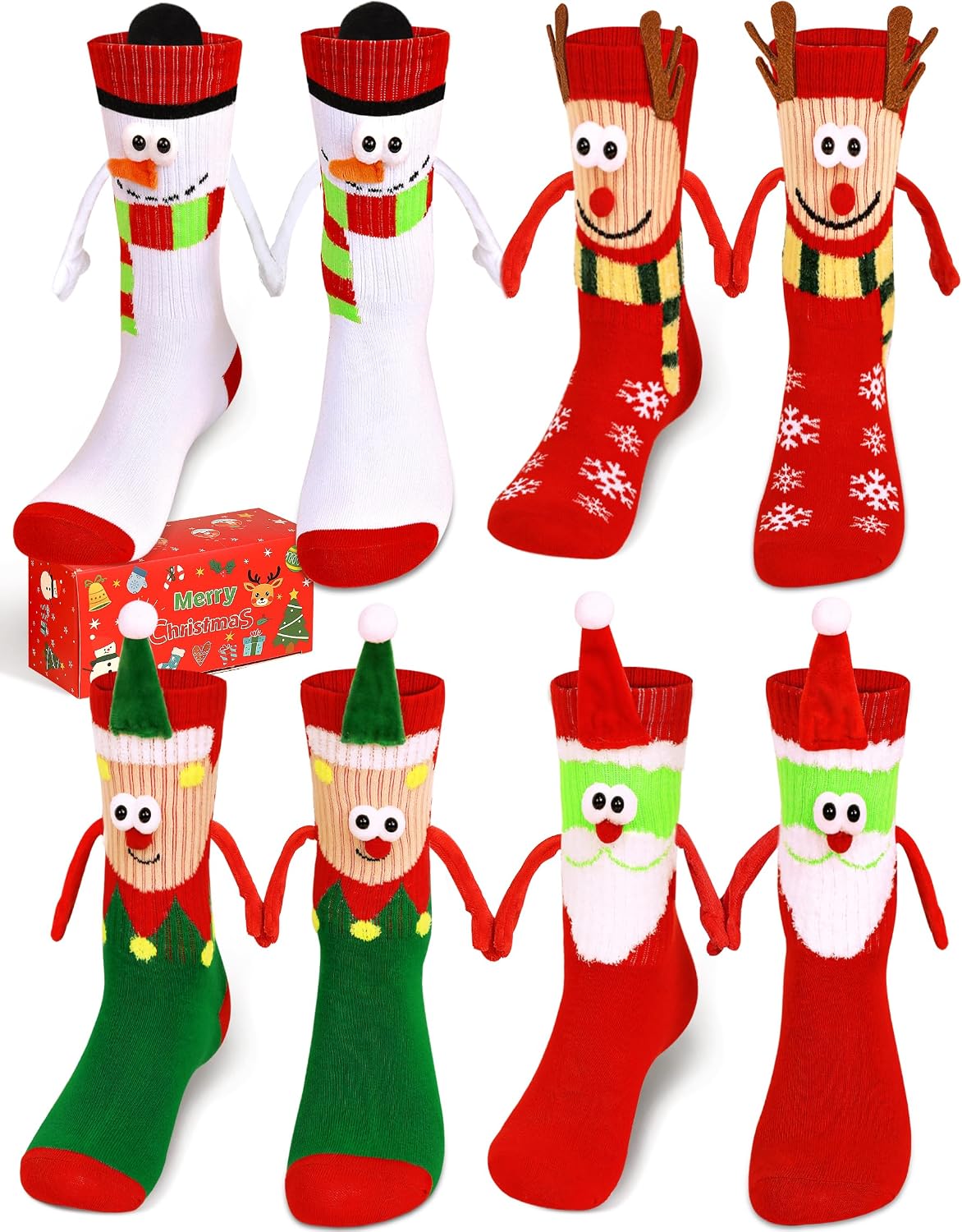 Itscolofy 4 Pairs Christmas Socks for Kids, Crazy Holiday Hand Holding Socks Funny Christmas Stocking Stuffers for Girls Boys