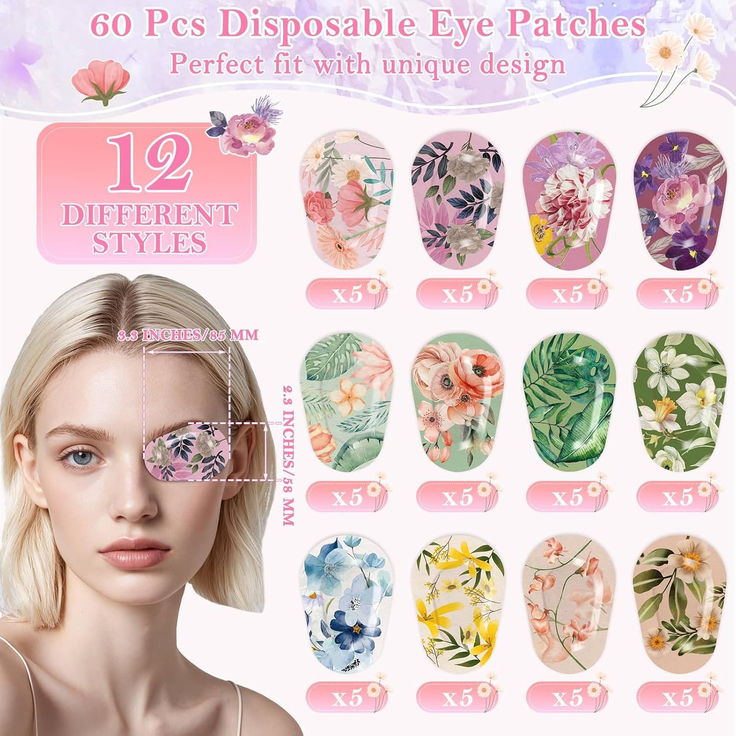 60Pcs Adhesive Eye Patches for Women, 12Styles Vintage Boho Flower Eyepatches | Disposable Sticky Eye Cover Patch, Gentle Removal Cute Medical Eye Bandage for Adults Lazy Eye Sleeping Dry Eye