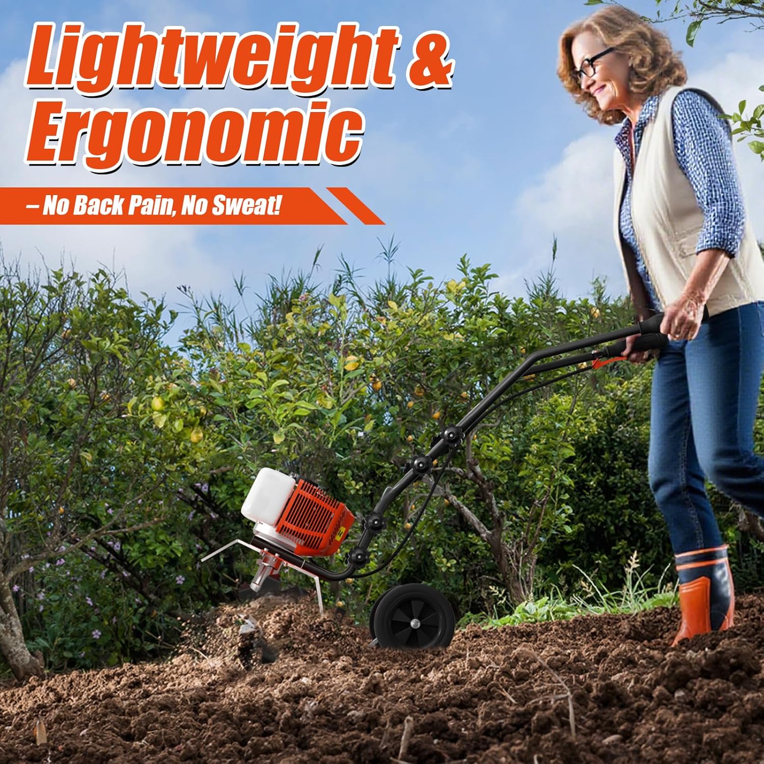 Person operating the lightweight and ergonomic tiller in a garden