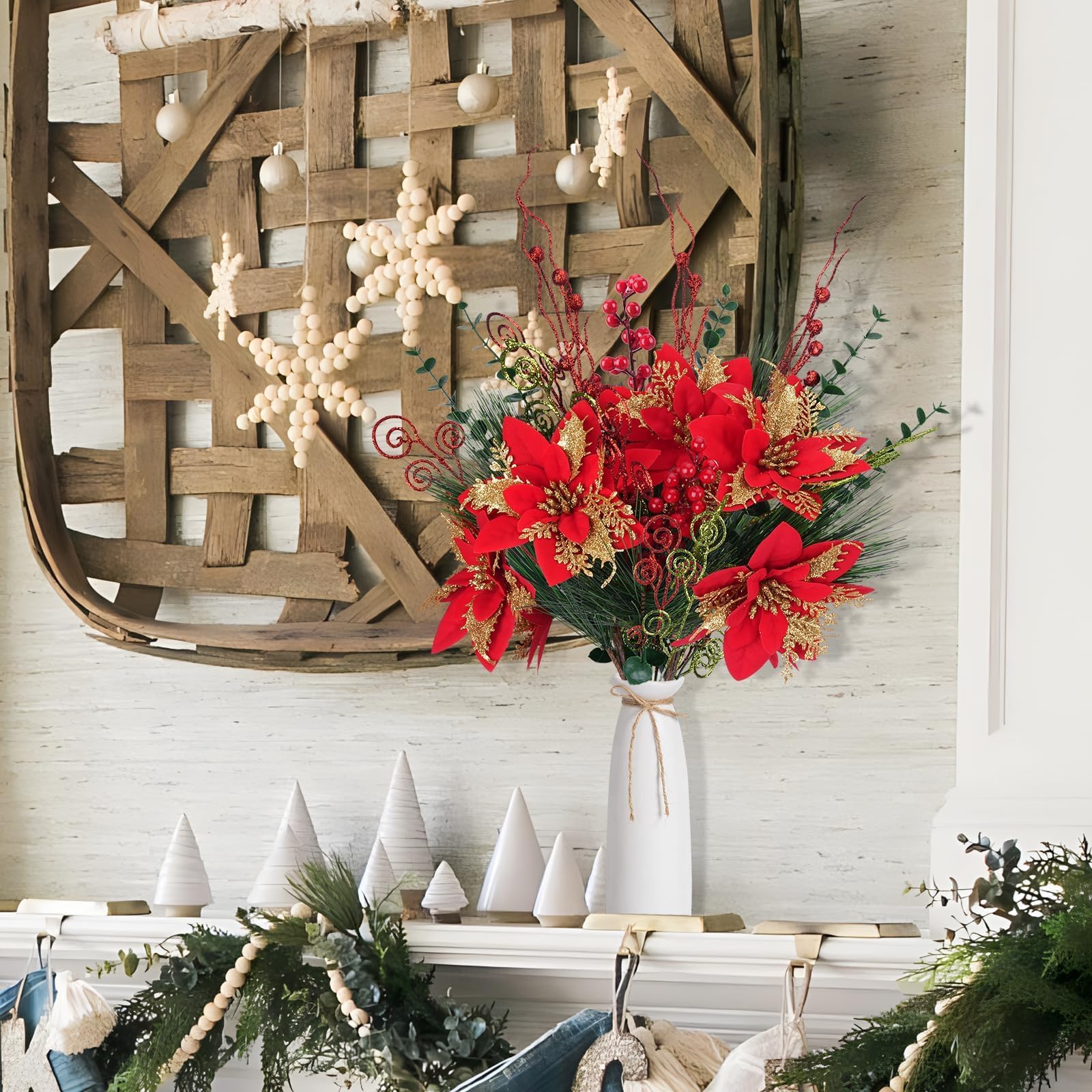 HUAESIN Künstlicher Weihnachtsstern-Blumenstrauß, 17 Stück, Weihnachtsblumen, Seide, Blumenarrangement, Tigerlilie, Rose Mit Roten Beeren, Für Veranda, Heimdekoration, Innen- Und Außenbereich