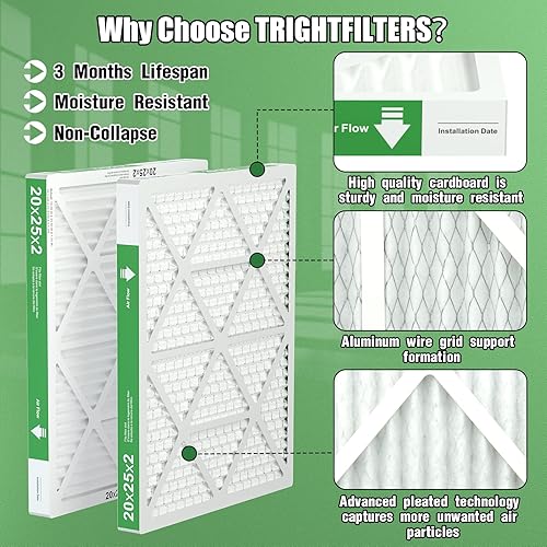 Miniatura 5 de Filtro de aire de 20 x 25 x 2 pulgadas, filtros de repuesto duraderos MERV 8 plisados para el hogar, calefactores de aire acondicionado, ligeros y