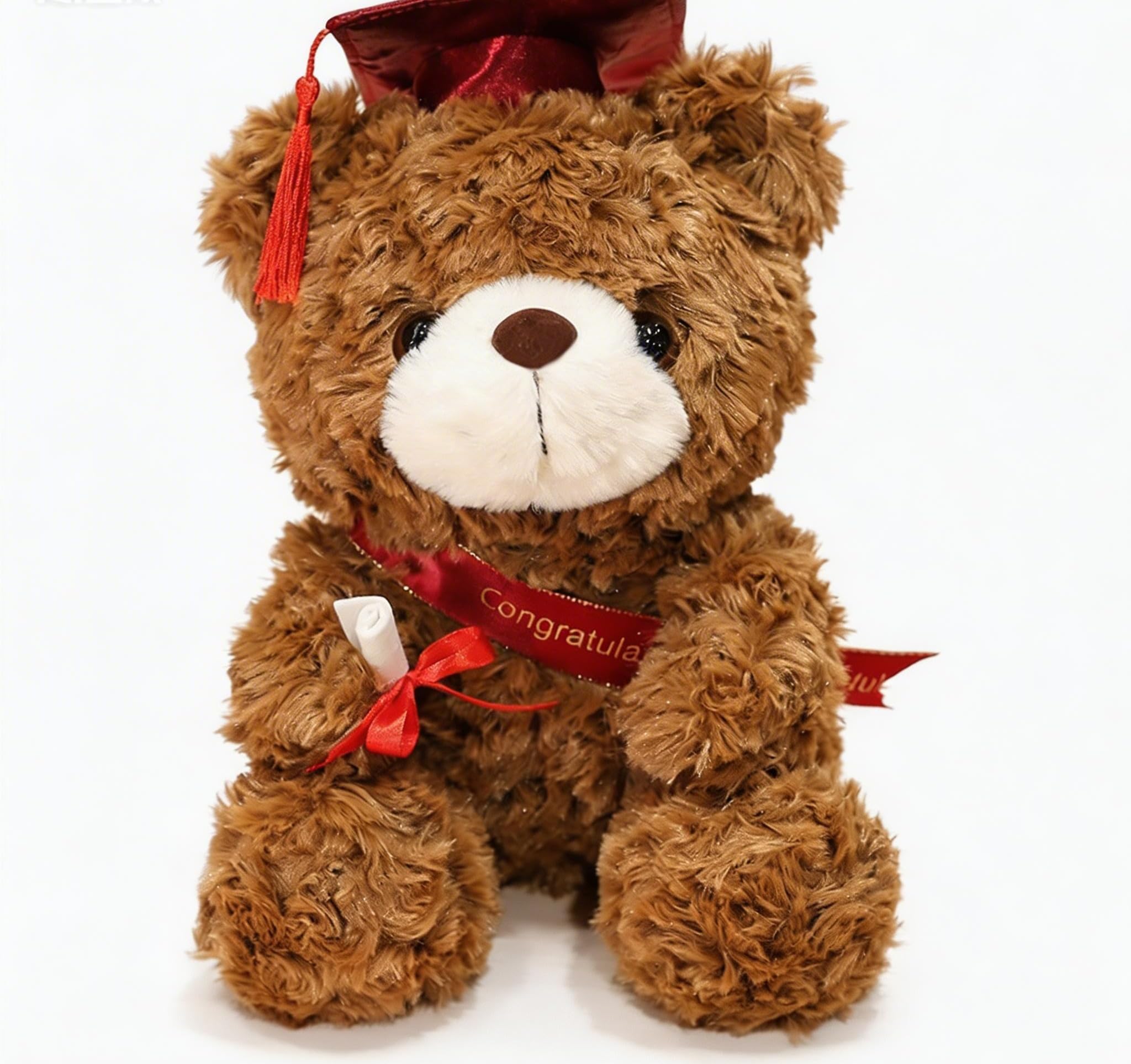 FGen Graduation Teddy Bear, 23cm Plush Bear, Graduation Gifts, Graduation Gifts, Doctor's Hat for School Graduation Decoration, Graduation Gifts for Students (Red Hat, Dark Brown)