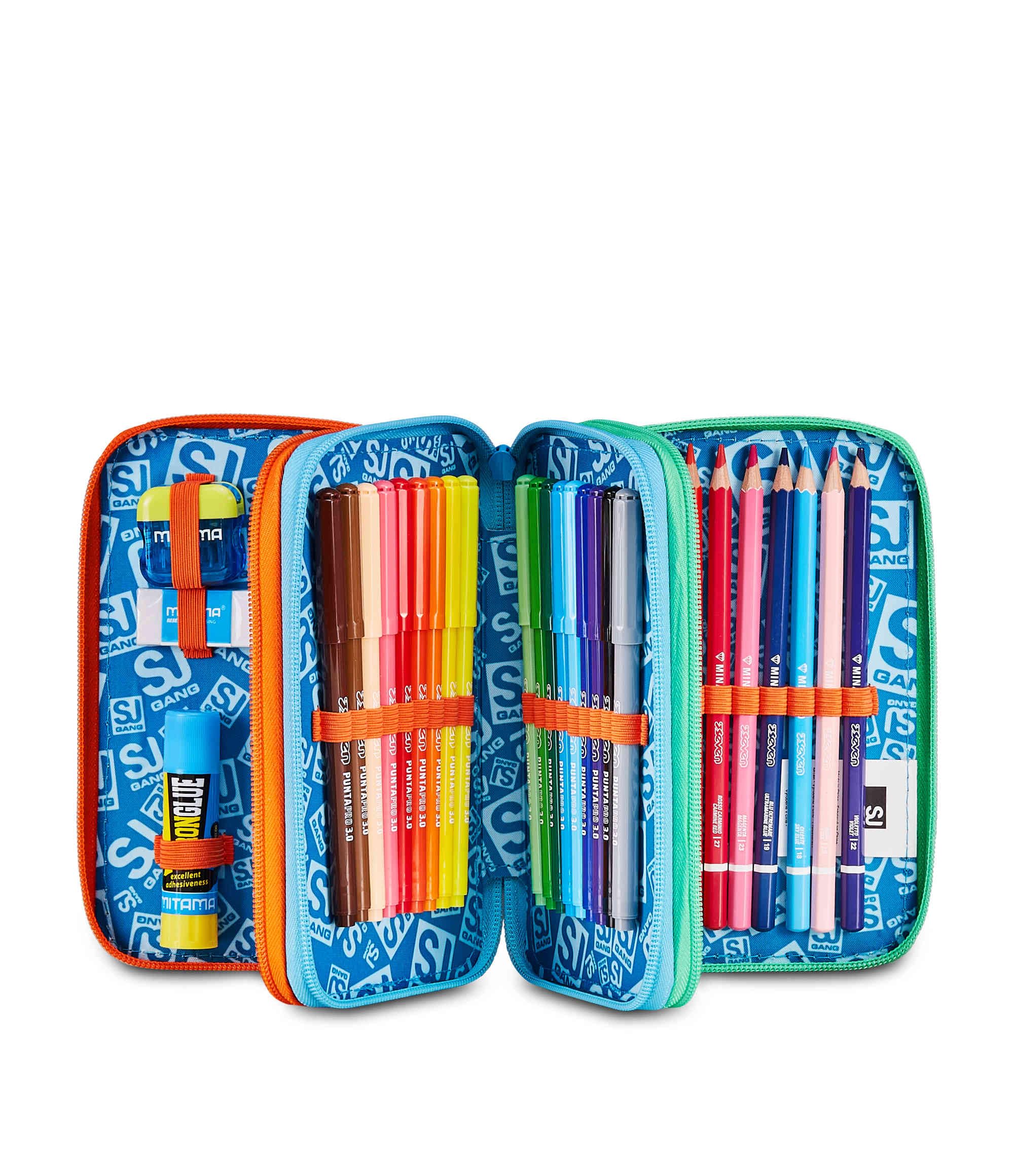 SJ GANG STYLE JAM GANG Astuccio Scuola 3 Zip 3D SPACE RIDE, Blu, Triplo Scomparto, Scocca con astronauta in rilievo, Portapenne Attrezzato, 45 pezzi, Accessori Zaino, Scuola elementare, Bambino