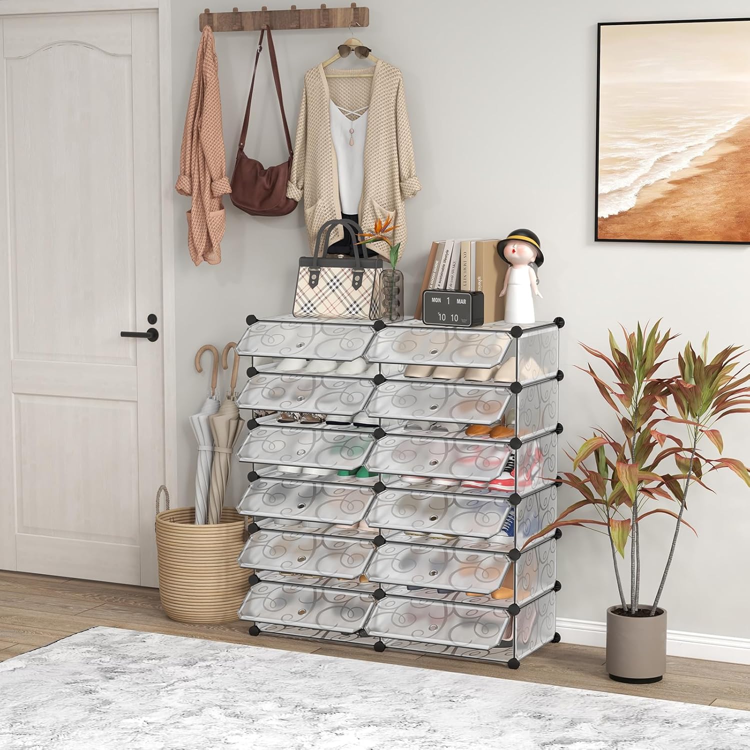 Tangkula 12-Cube Shoe Rack Organizer, DIY Cubes Storage Cabinet, Modular Plastic Shoes Cabinet with Transparent Doors, 6-Tier Portable Shoe Tower Shelf Storage Stand for 24 Pairs Shoes (White)