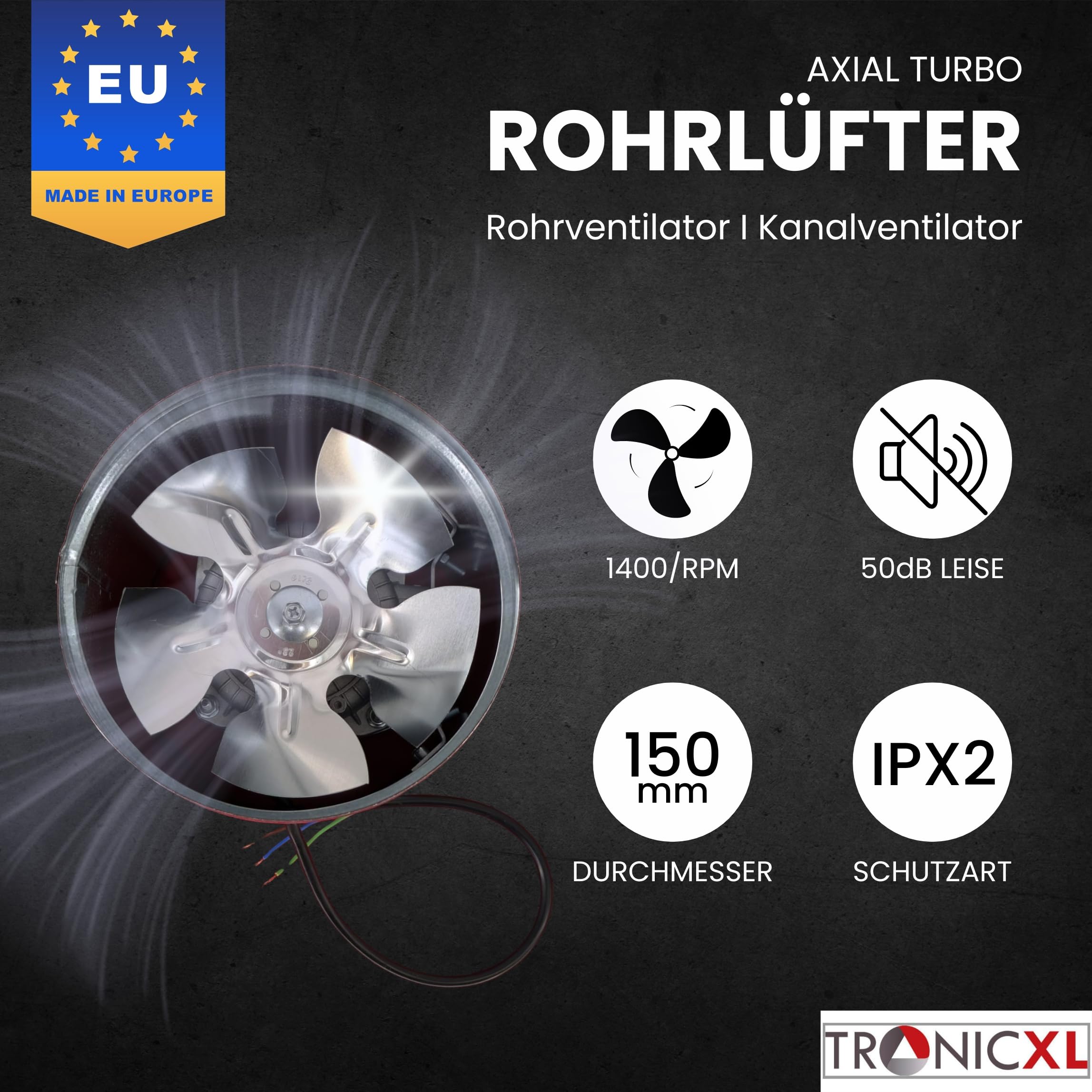 Axiale buisventilator, 150 mm, afvoerventilator toevoer/afvoerlucht, 25 W, voor badkamer, toilet, keuken, broeikas, tent, garage, 150 mm, zwart