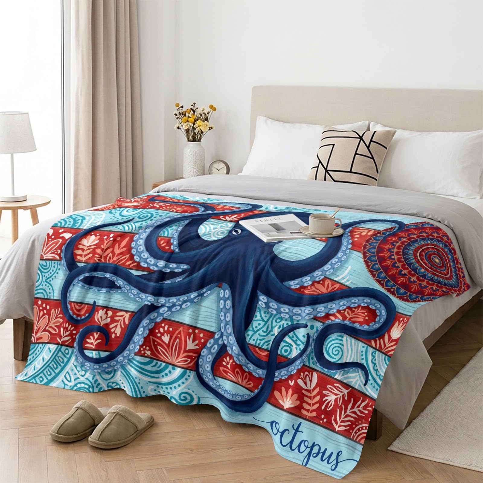 Manta de franela vintage, manta de forro polar, suave y cálida, diseño de pulpo, tablas de madera, flores, manta de sofá, para adolescentes y adultos, 150 x 200 cm