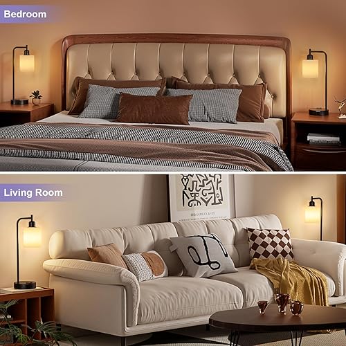 Miniatura 5 de Juego de 2 lámparas de noche industriales táctiles para dormitorio, lámparas de mesa regulables de 3 vías con puertos USB C+A y tomacorriente,