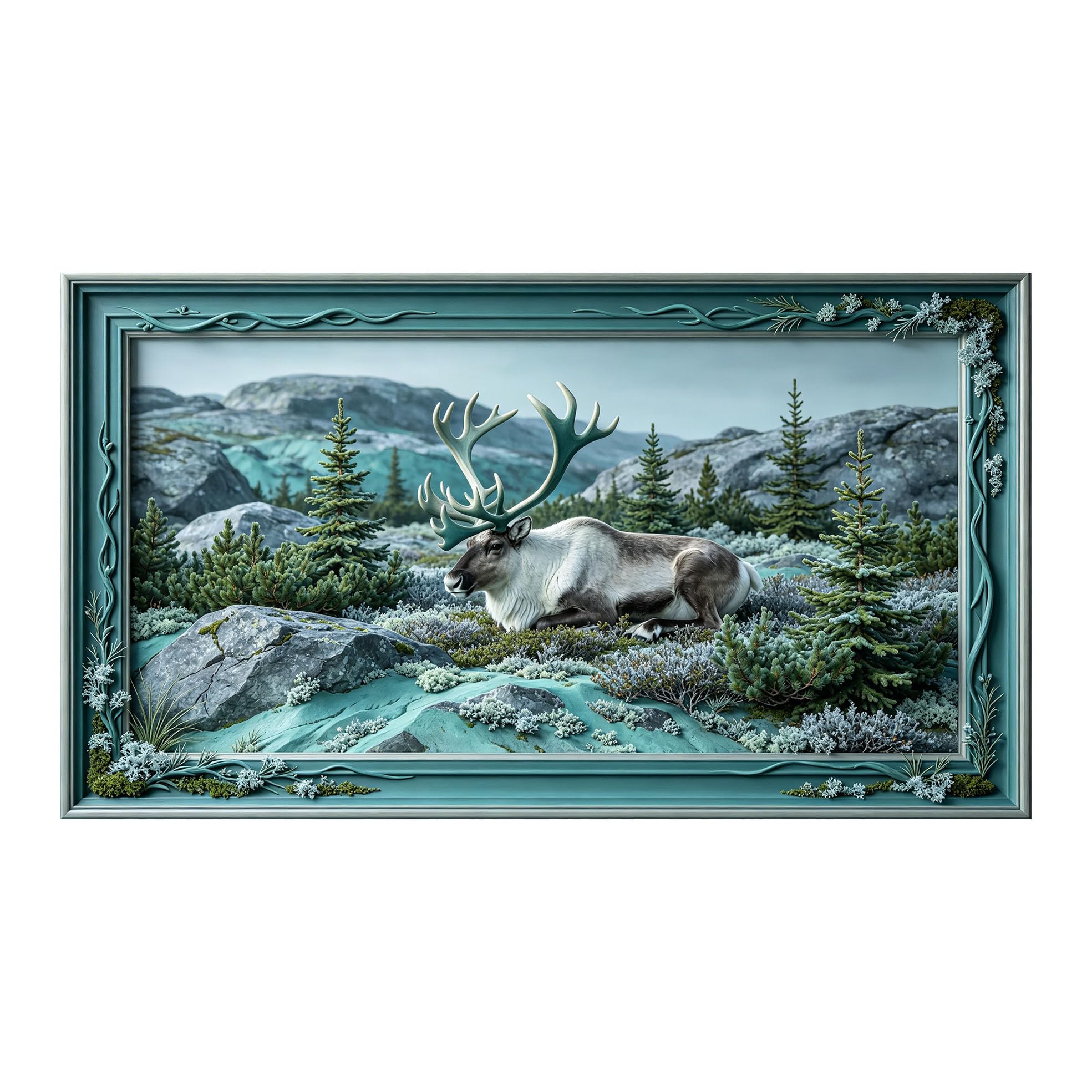 Yzpallescene 3D 3D Framed Wall Art 50cm×90cm Nordic Mountain Forest Reindeer Landscape Oil Painting Large Size SelfAdhesive Removable Wall Decor Prints Artwork for Living Room Bedroom Office