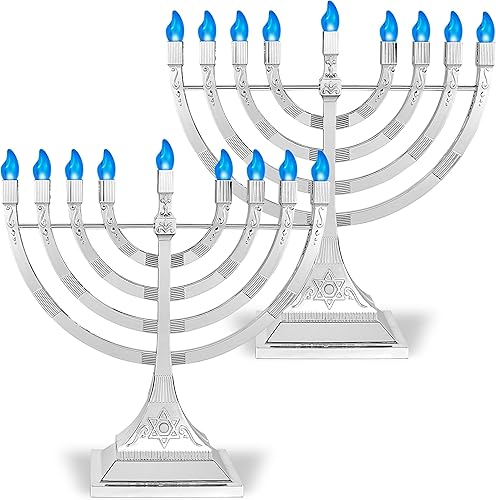 Miniatura 4 de Zion Judaica - Menorá eléctrica de Hanukkah Menorah LED alimentado por USB, batería electrónica de Hanukkiah Minorah velas sin llama (plata, 2)