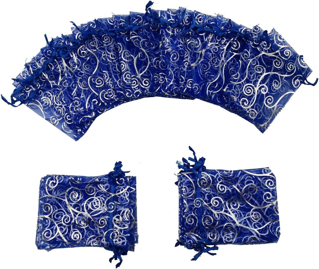 100pcs Sheer Organza Favor Bags For Wedding Baby Shower Rattan Print Gift Bags Samples Display Drawstring Pouches (3x4 inch, blue) - Image 2