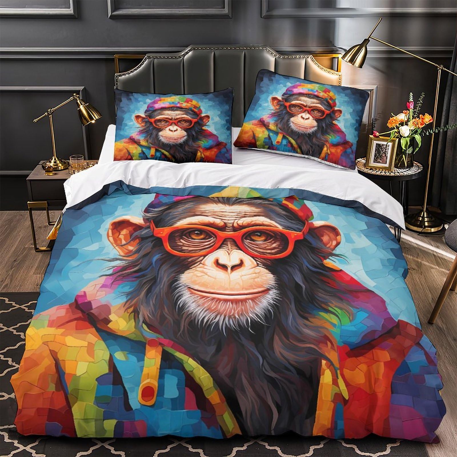 MMDASBVPE Chimp with Glasses Quilt Cover 3D Print Super Soft 3 Pcs Bedding Set Hidden Zipper Comforter Cover Ultra Soft Wrinkle-Resistant for Teens Adults Women Kids Girls Boys Double（200x200cm）