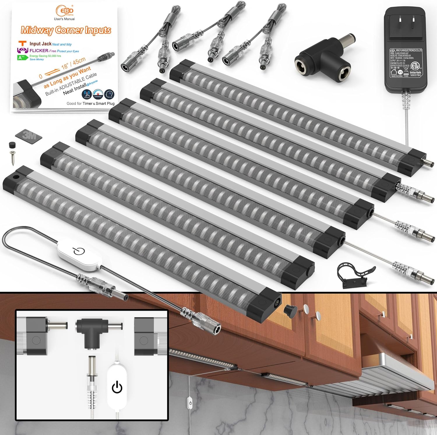EBD LED Under Cabinet Lighting for Kitchen Built-in Adjustable Cable & Mid Input Jack 6 Pcs Bookshelf Plug in Light bar 4500K 2700 Lm Ultra Bright for Timer Smart Plug Alexa Google Assistant & Siri EBD LED Under Cabinet Lighting for Kitchen Built-in Adjustable Cable & Mid Input Jack 6 Pcs Bookshelf Plug in Light bar 4500K 2700 Lm Ultra Bright for Timer Smart Plug Alexa Google Assistant & Siri