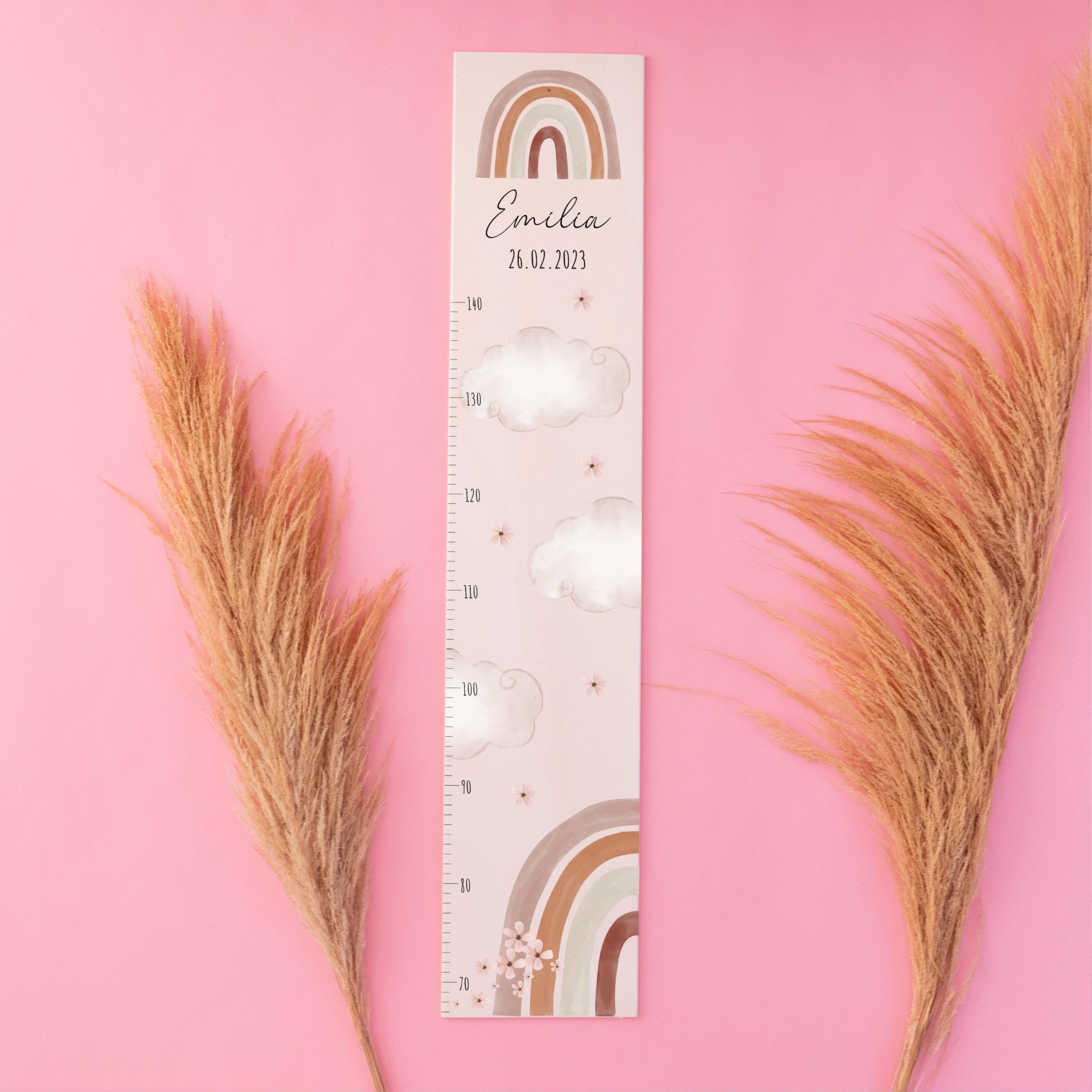 Bärenfreunde® - Personalisierte Messlatte Kind Holz zum Kleben oder Aufhängen - Skala 70-140cm - Süße Dekoration für Baby- & Kleinkinderzimmer (Kinder 70-140cm, Regenbogen rosa)