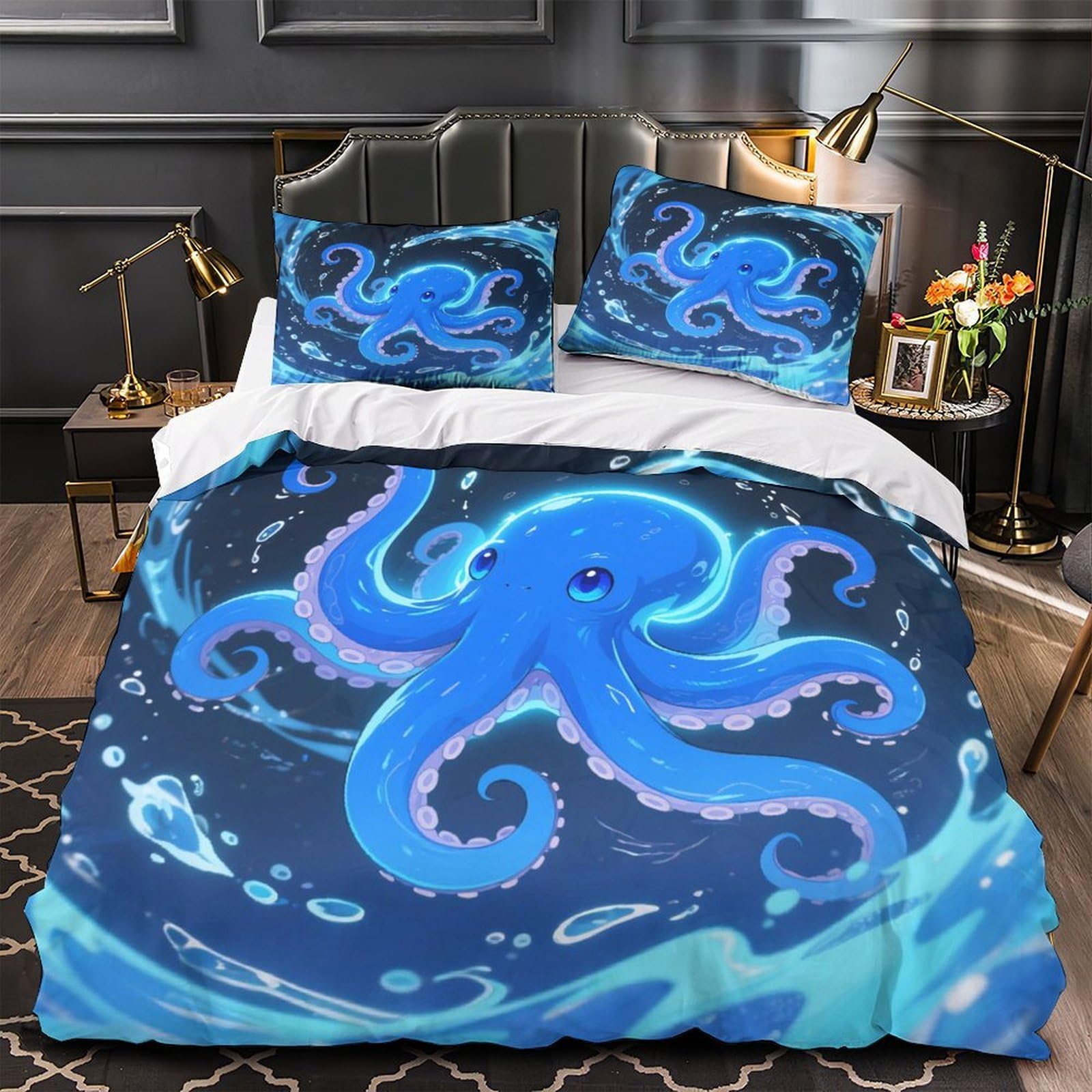 Housse de couette zippée bleu 200x200cm hypoallergique parure de lit anti-acarien microfibre