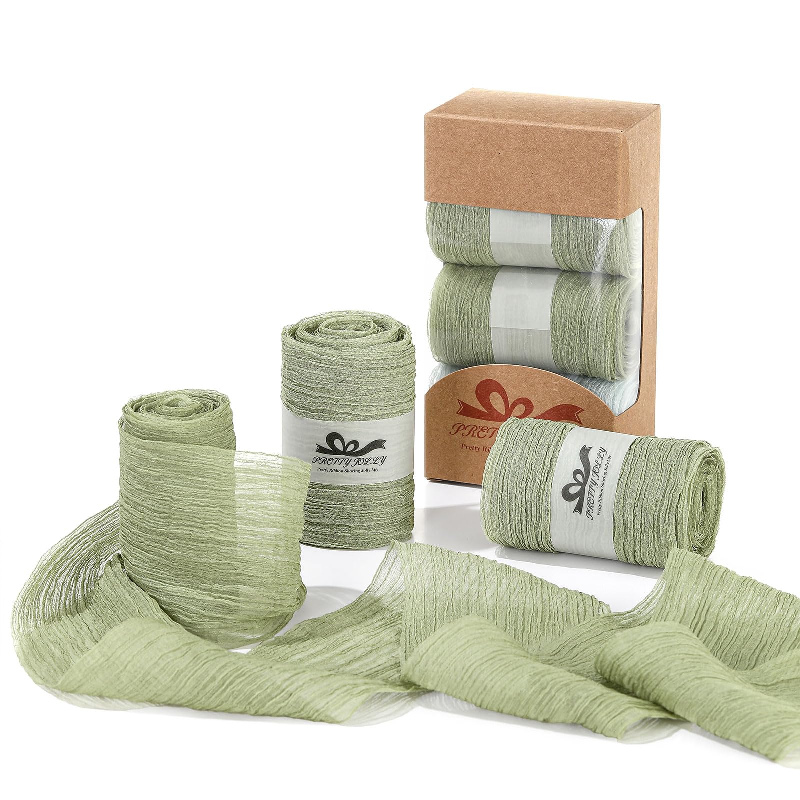 Pretty Jolly Sage Green 3 Inch x 9 Yard Silk, Polyester Crinkle Chiffon Ribbon Set for Wedding Hair, Invitations, Bouquets, Decor