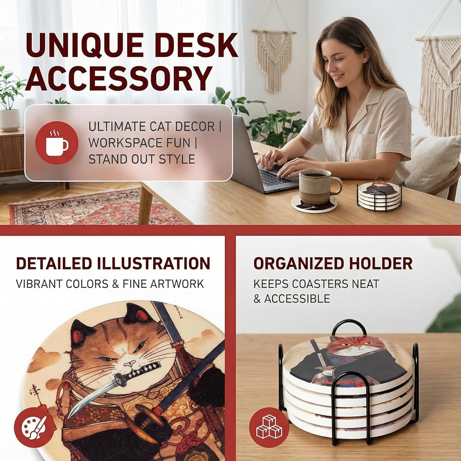 Coasters Set of 6 - Ninja Cat Coasters,Gifts for Cat Lovers,Water Absorbing Ceramic,Soft Cork Bottom and Iron Holder,Themed Drink Coasters - Image 8