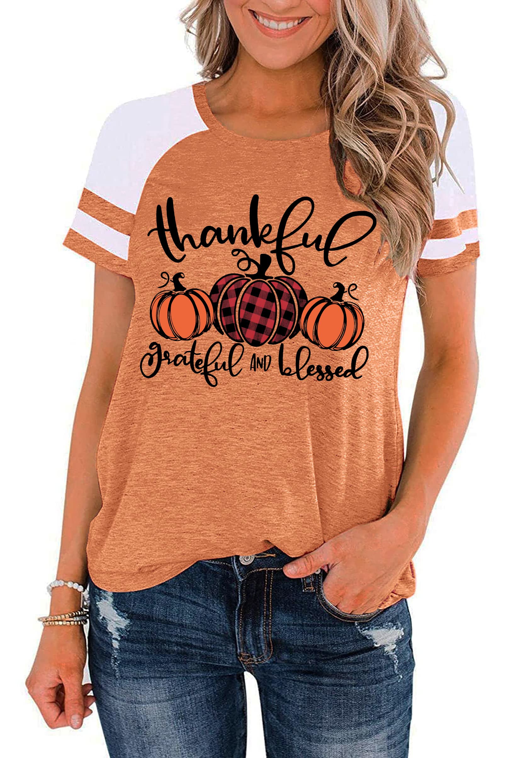 Thankful Grateful Blessed Shirts Women Thanksgiving Pumpkin T-Shirt Raglan Short Sleeve Fall Tshirts