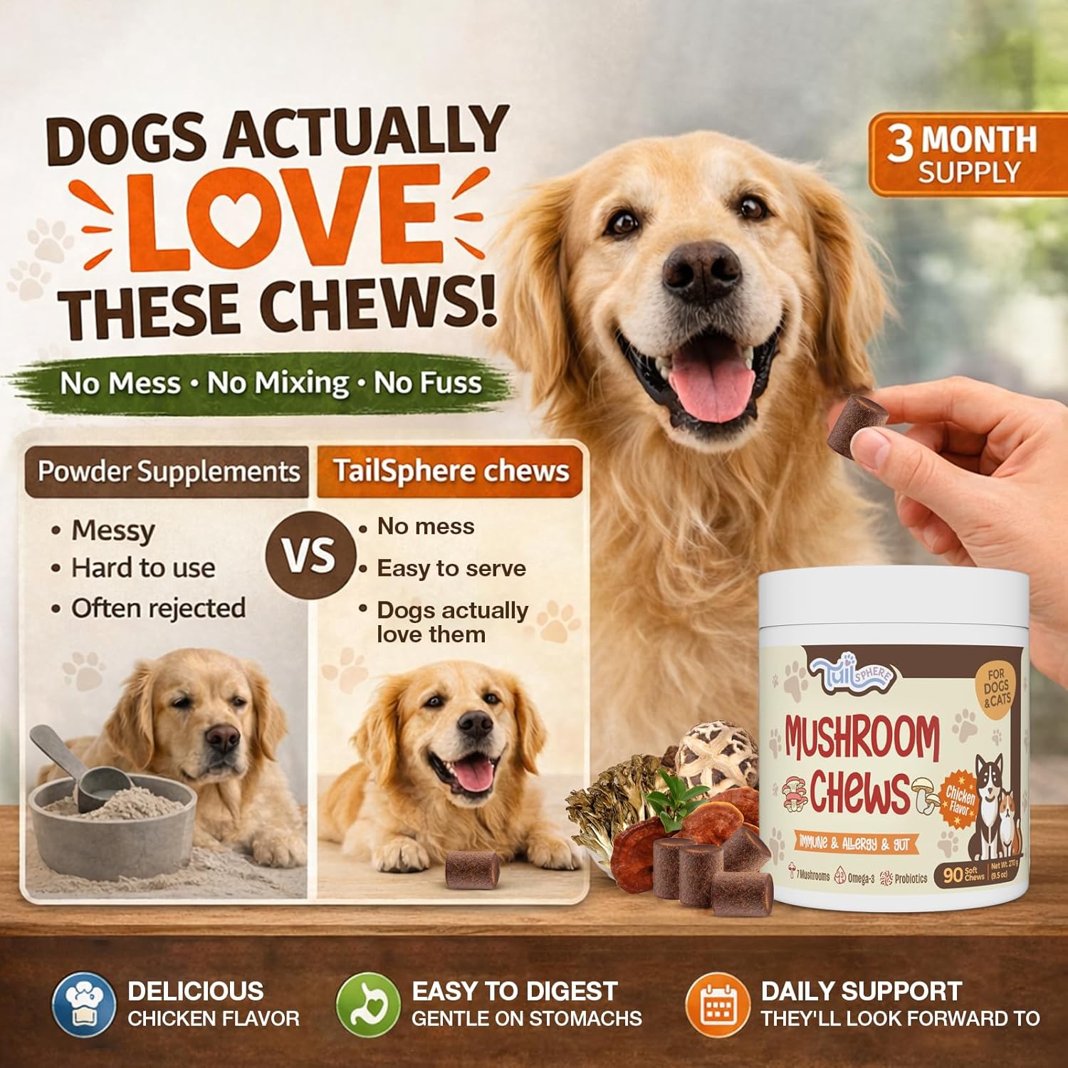 Mushroom Chews for Dogs and Cats, 12-in-1 Advanced Immune, Gut & Skin Support, Turkey Tail, Reishi & Lion’s Mane, Probiotics & Omega-3, Soft Chews Chicken Flavor, 90 Count