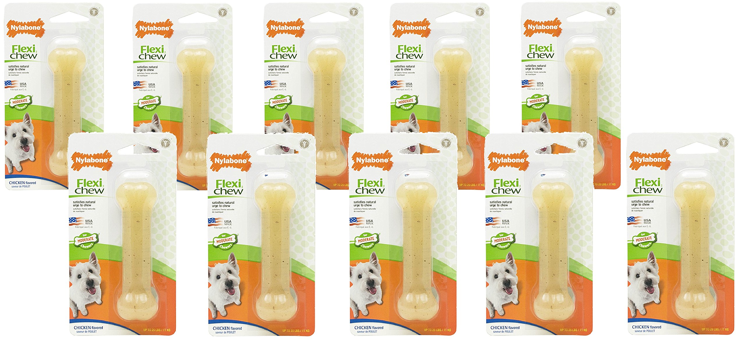 10 Pack Nylabone FlexiChew Chicken Flavored Bone Dog Chew Toy - Size Regular