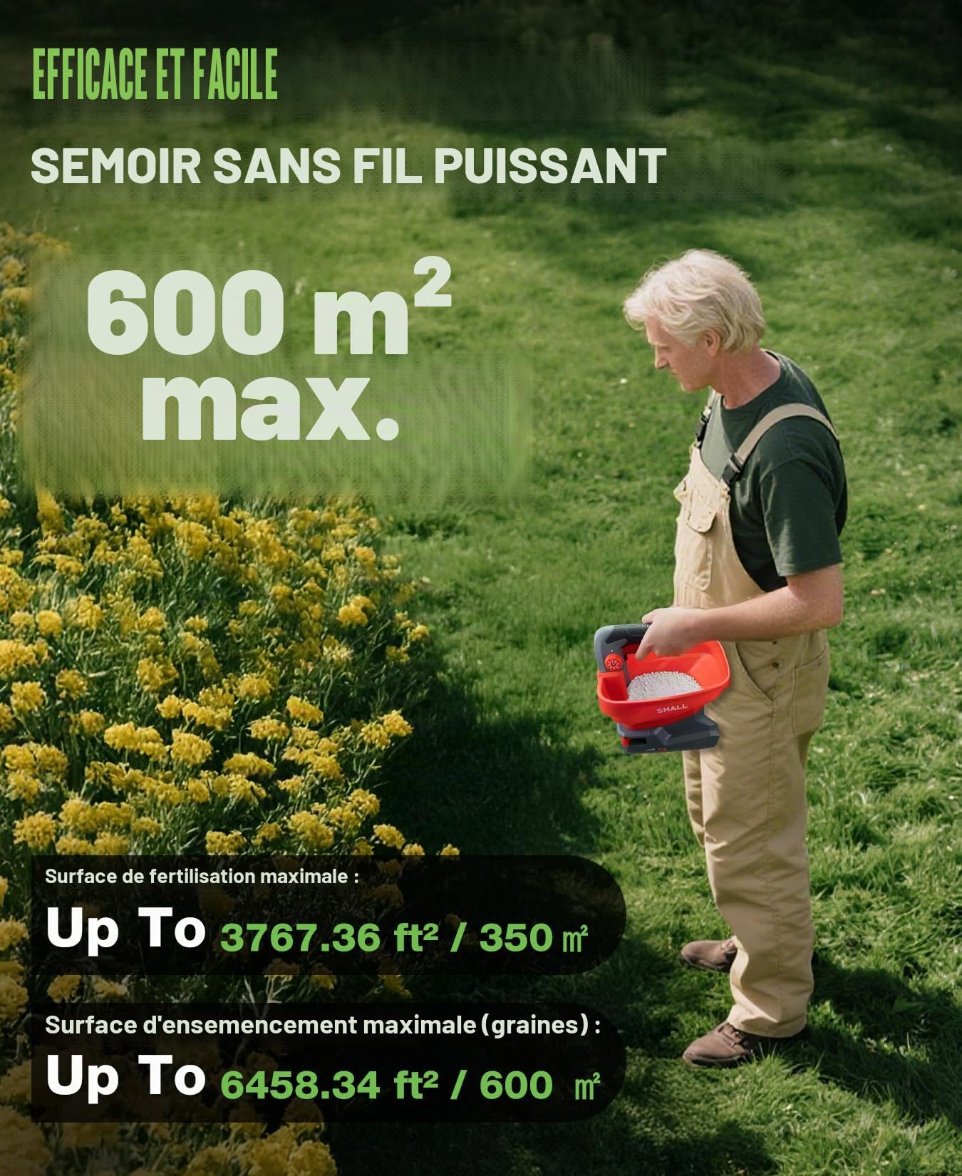 Shall Semoir Universel à Batterie Rechargeable, épandeur d'engrais électrique 7,2 V, adapté au salage des Routes, au déneigement et à l'ensemencement, Batterie et Chargeur Inclus